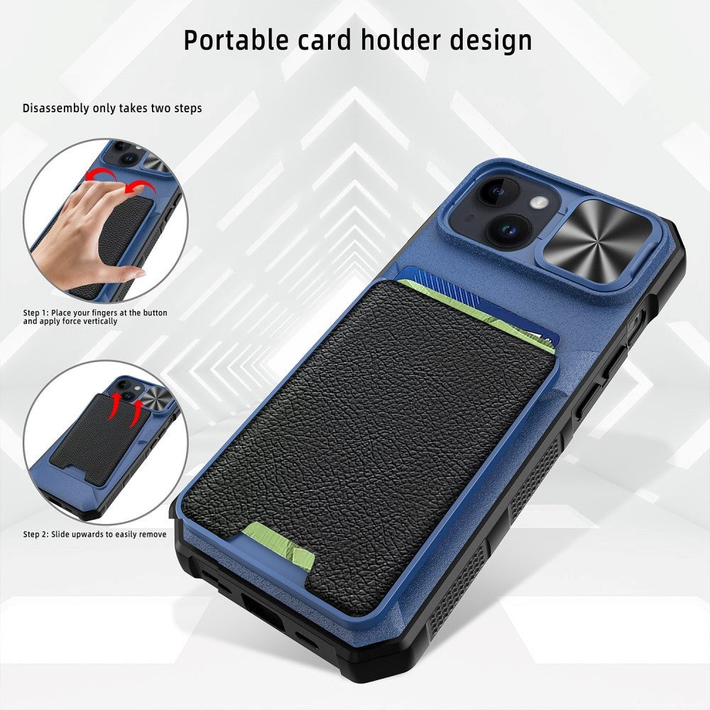 iPhone 15 Hybrid Tough Case w. Card Holder & Cam Slider - MagSafe Compatible - Blue / Black