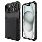 iPhone 15 Hybrid Tough Case w. Card Holder & Cam Slider - MagSafe Compatible - Black