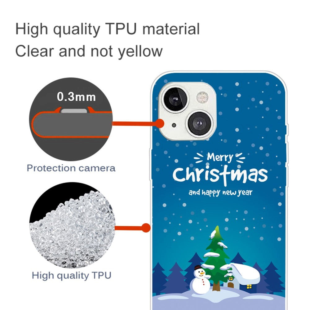 iPhone 15 Flexible Plastic Christmas Case - Merry Christmas - Snowman and Christmas Tree