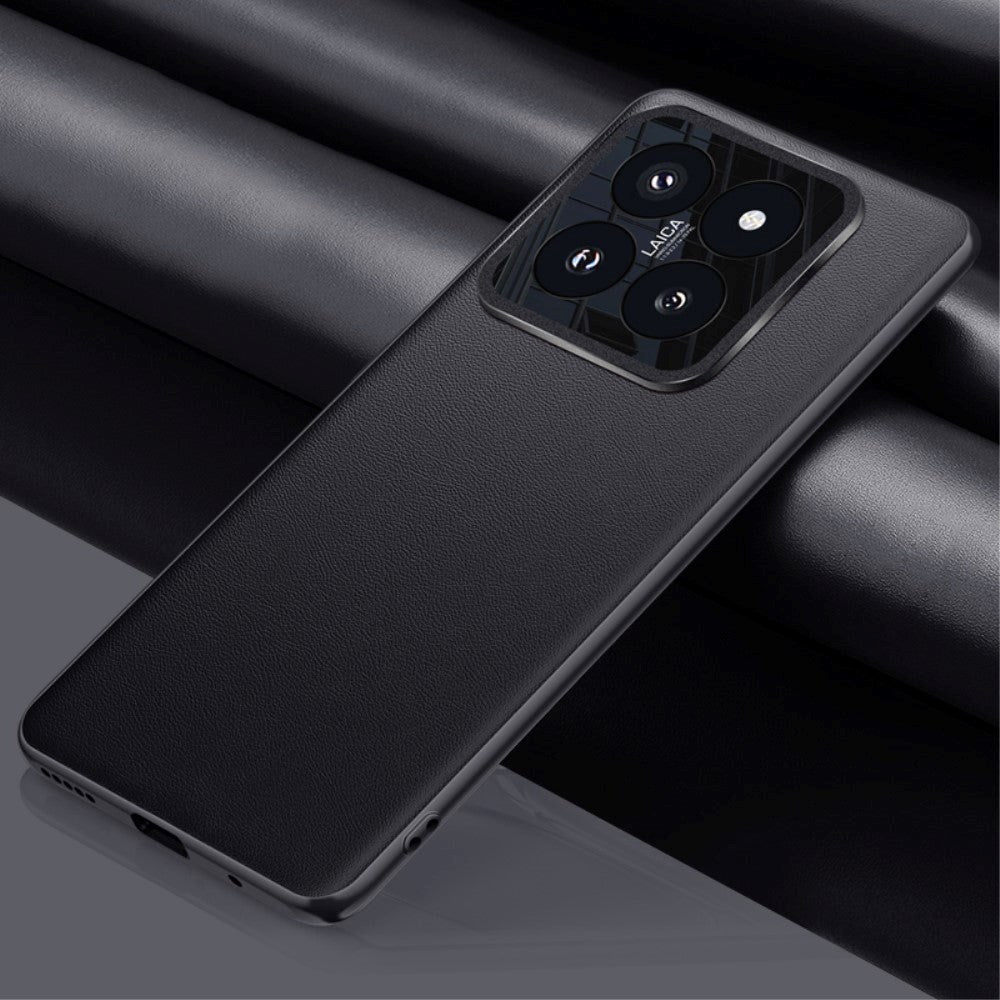 Xiaomi 14 Pro Leather Covered Plastic Back Case w. Built-in Camera Protector - Black