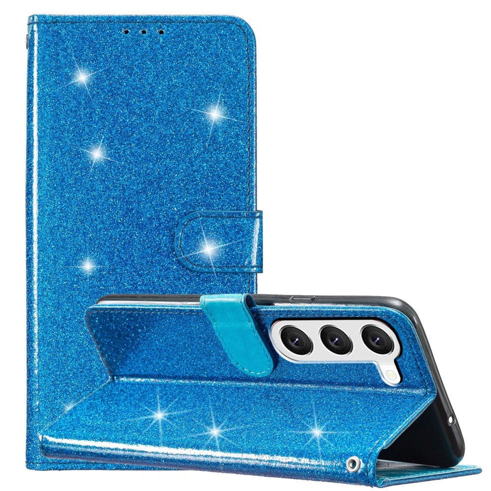 Samsung Galaxy S24+ (Plus) Leather Case with Wallet and Strap - Glitter - Blue