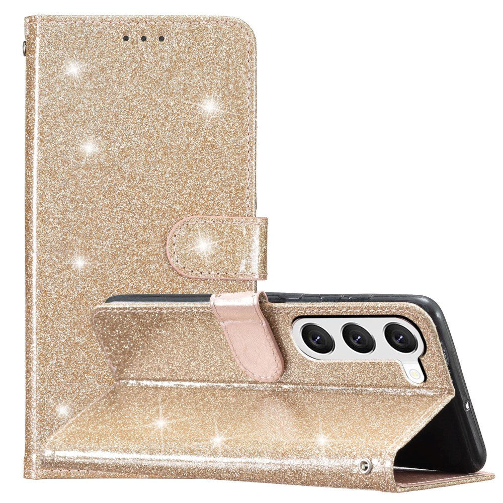 Samsung Galaxy S24+ (Plus) Leather Case with Wallet and Strap - Glitter - Gold