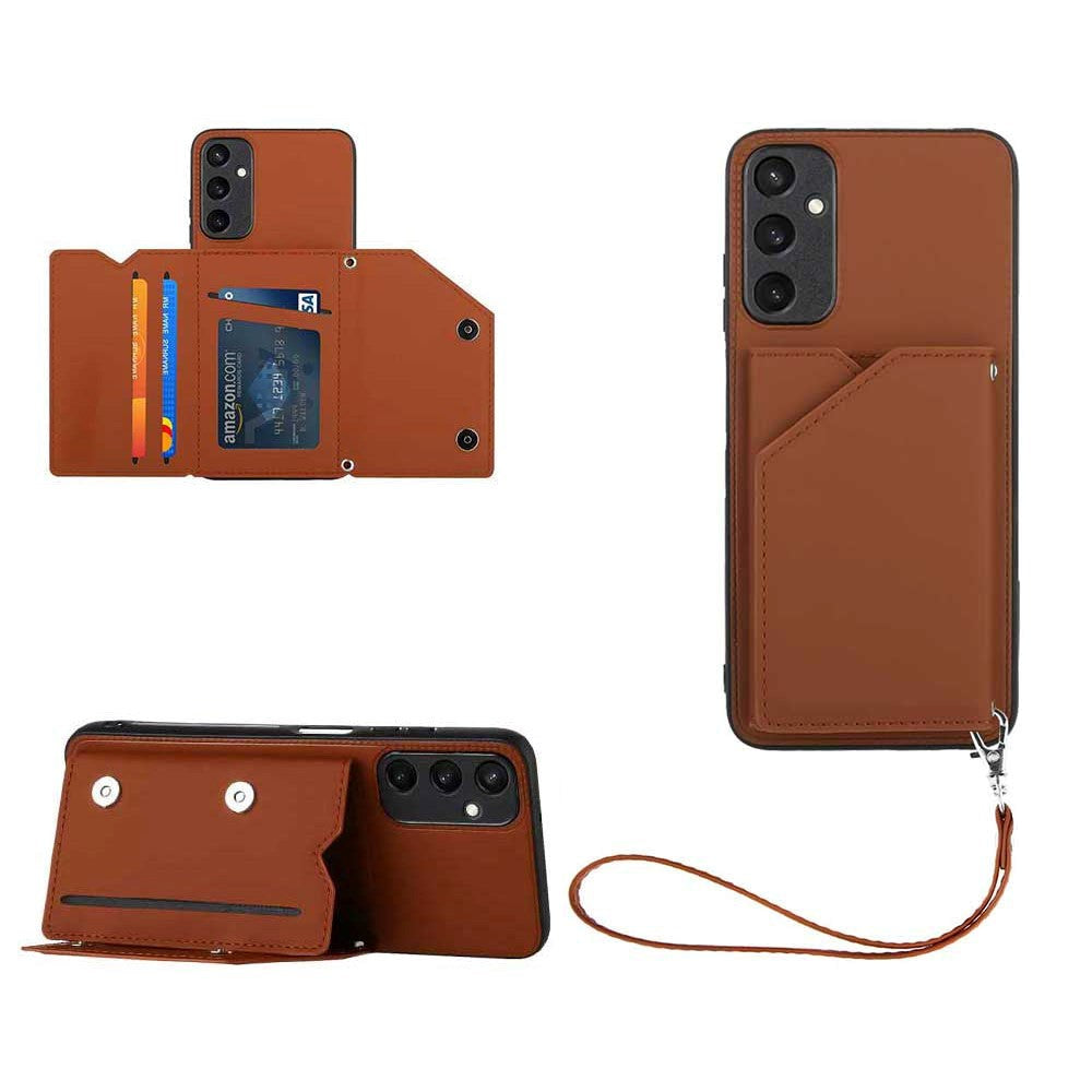 Samsung Galaxy A15 (5G) / A15 Leather Covered Plastic Case w. Wallet & Strap - Brown