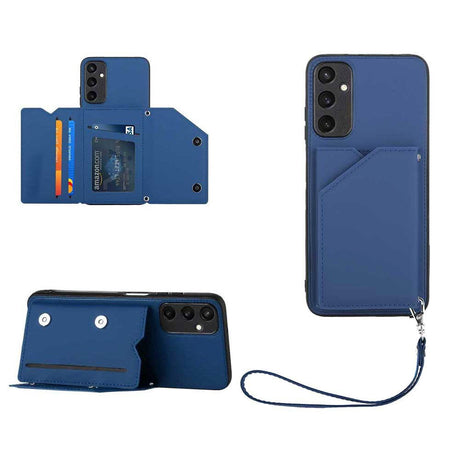 Samsung Galaxy A15 (5G) / A15 Leather Covered Plastic Case w. Wallet & Strap - Blue