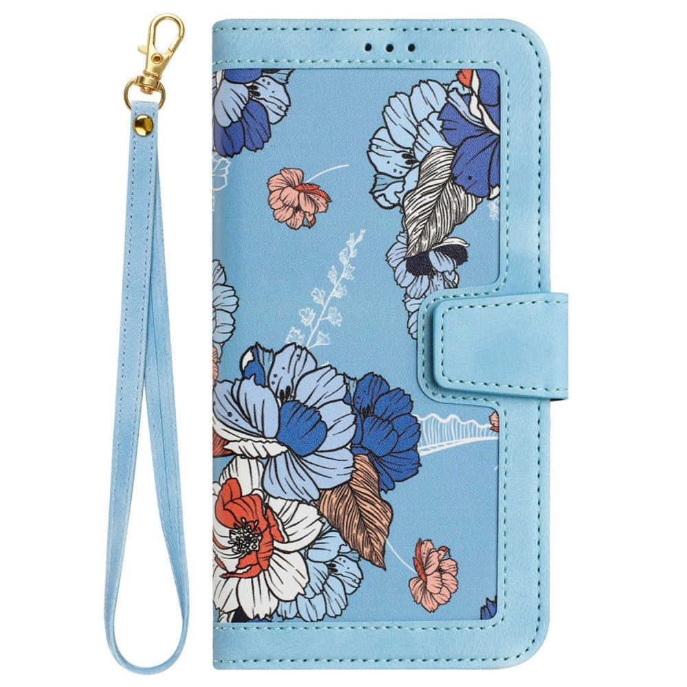 Samsung Galaxy S24 Ultra Leather Flip Case with Wallet and Strap - Light Blue with Flowers