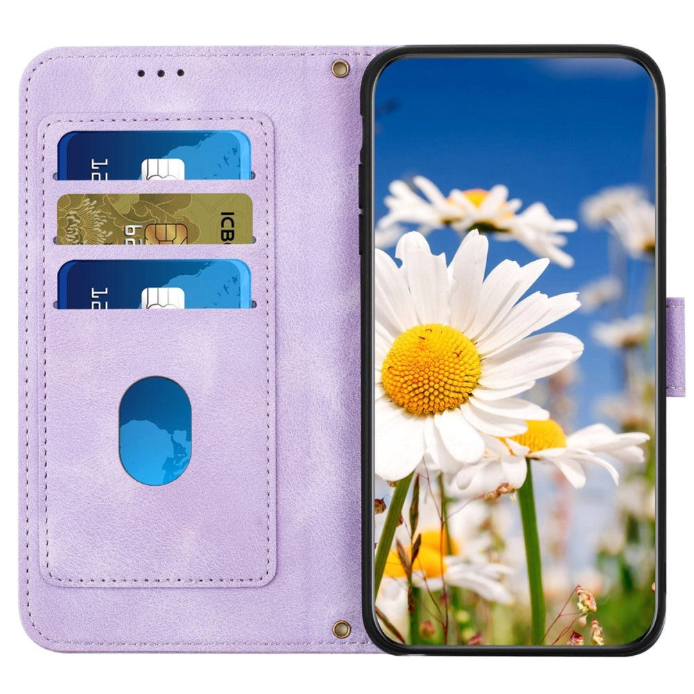 Samsung Galaxy S24 Ultra Leather Flip Case with Wallet and Strap - Purple with Flowers and Butterflies