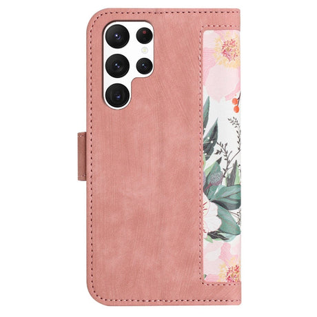 Samsung Galaxy S24 Ultra Leather Flip Case with Wallet and Strap - Pink with Flowers