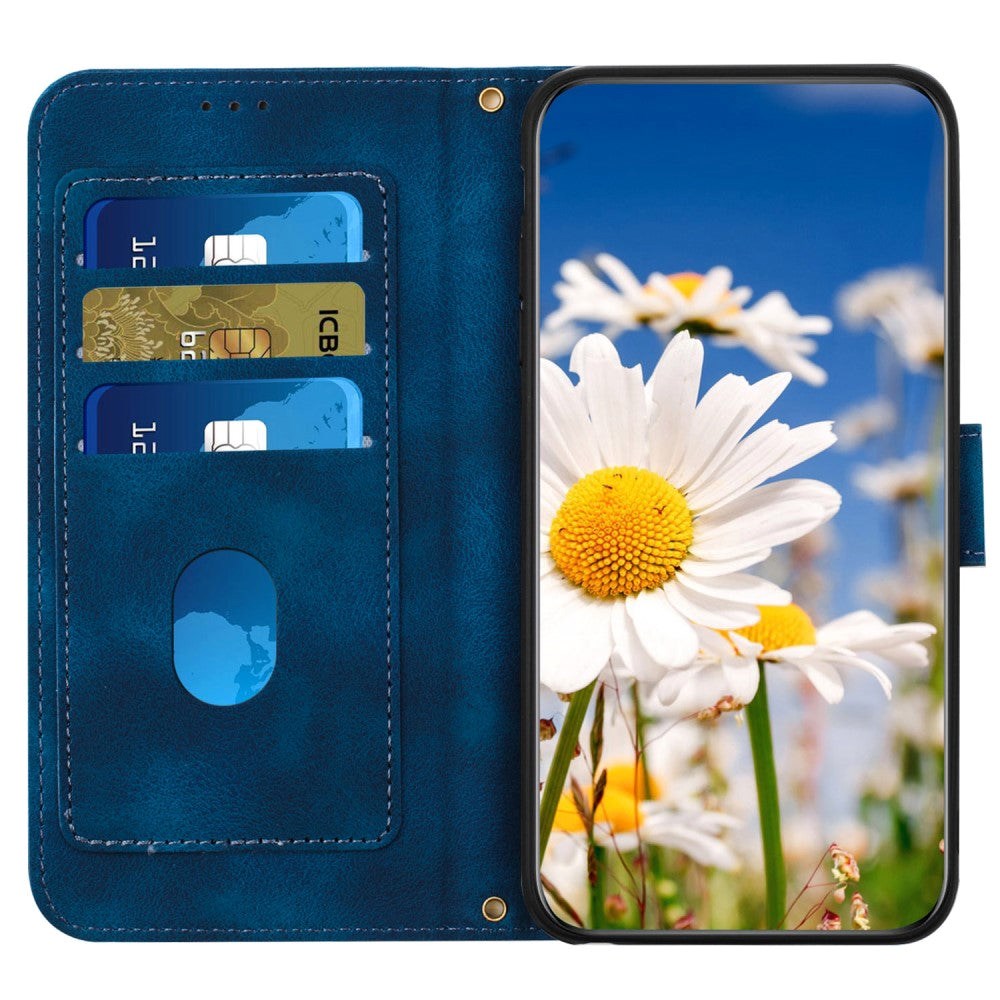 Samsung Galaxy S24 Ultra Leather Flip Case with Wallet and Strap - Dark Blue with Flowers