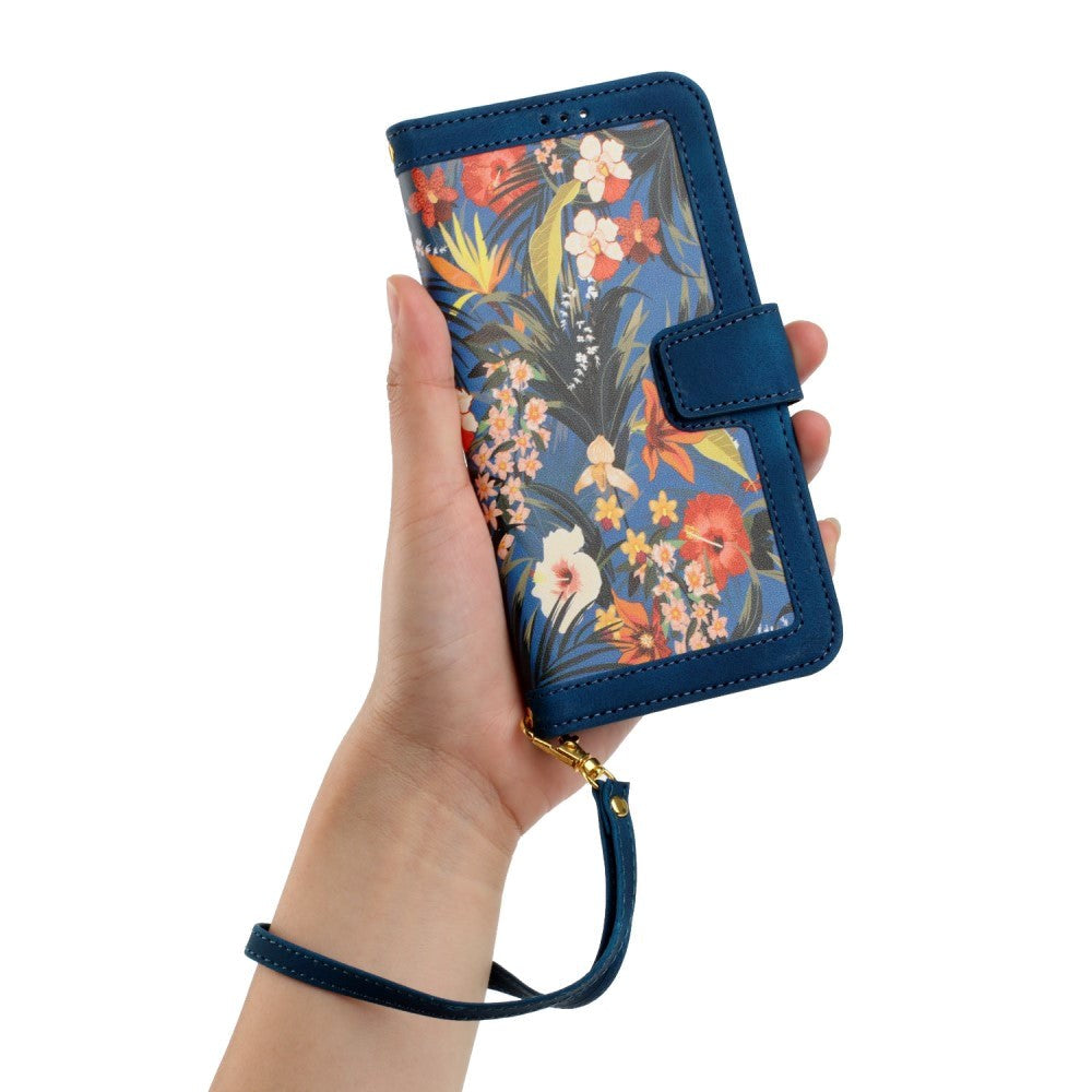 Samsung Galaxy S24 Ultra Leather Flip Case with Wallet and Strap - Dark Blue with Flowers