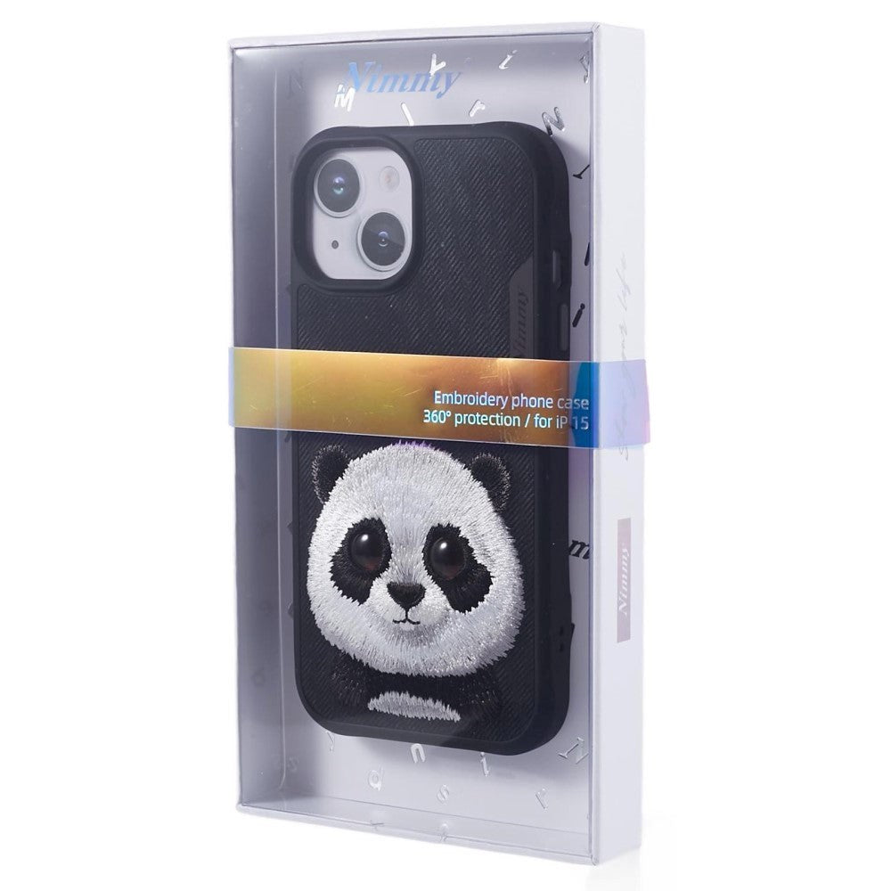 iPhone 15 Hybrid Case w. Animal Motif & Embroidery - Panda