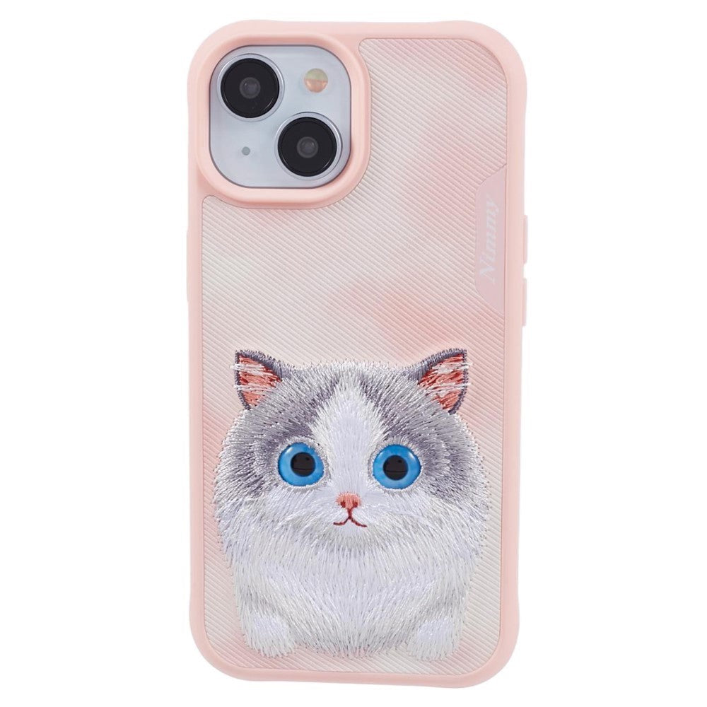 iPhone 15 Hybrid Case w. Animal Motif & Embroidery - Grey Cat