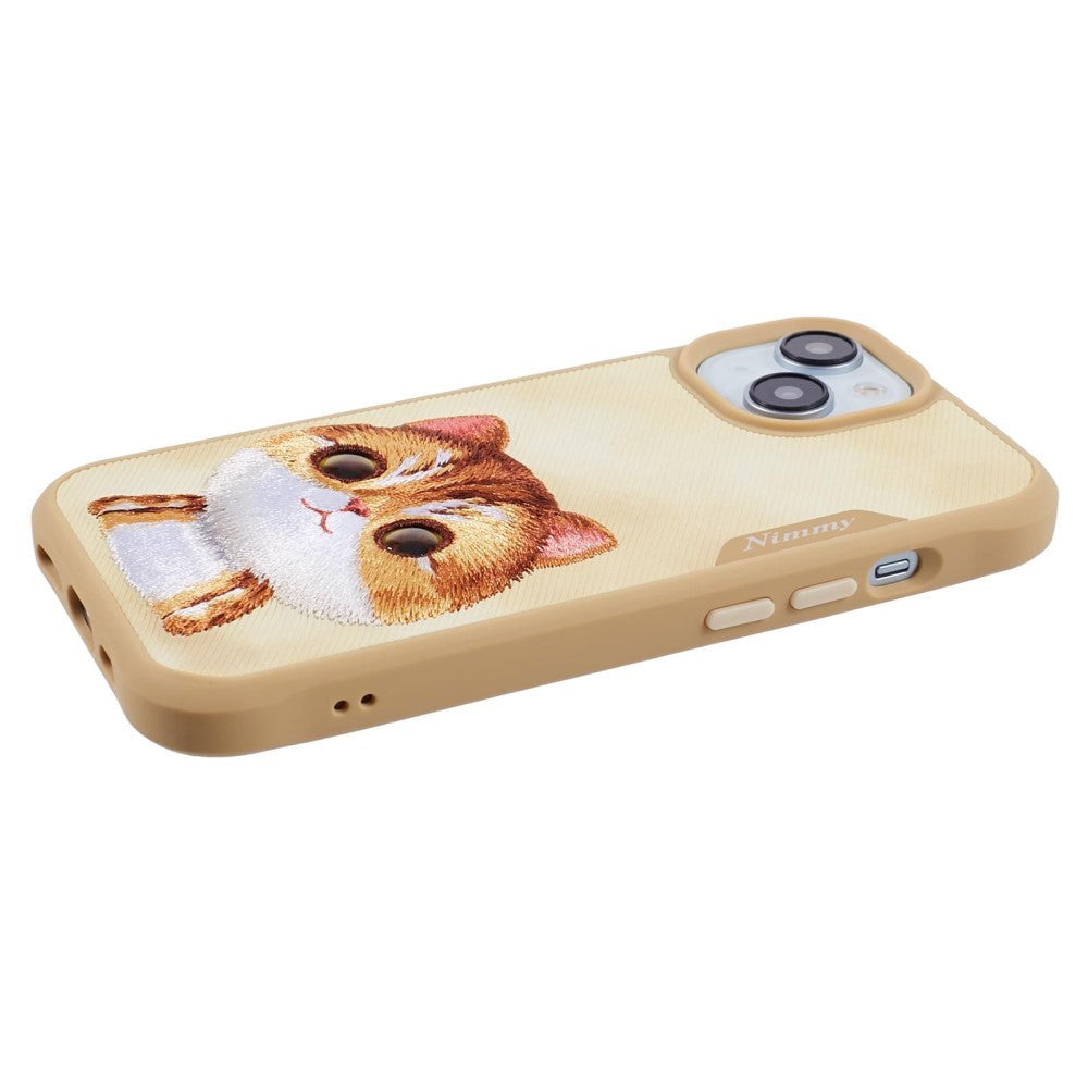 iPhone 15 Hybrid Case w. Animal Motif & Embroidery - Orange Cat