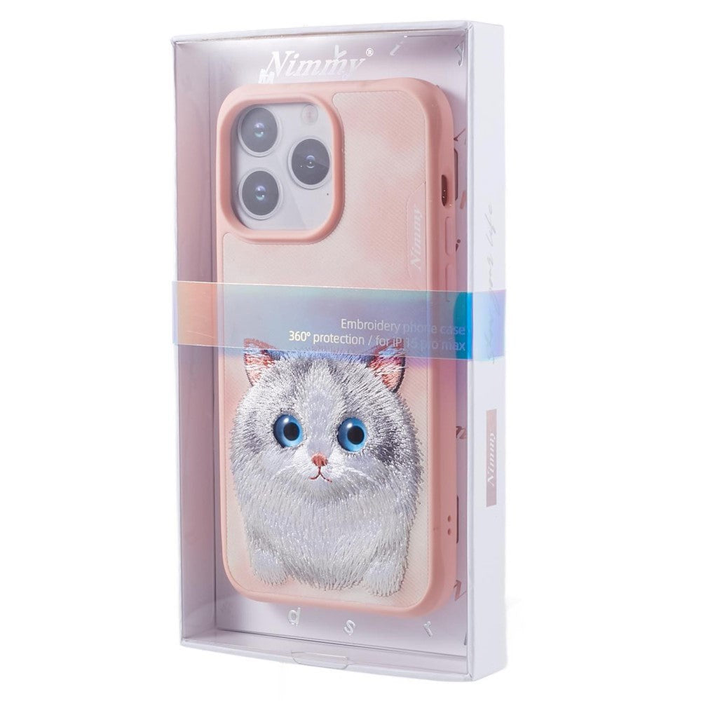 iPhone 15 Pro Hybrid Case w. Animal Motif & Embroidery - Grey Cat