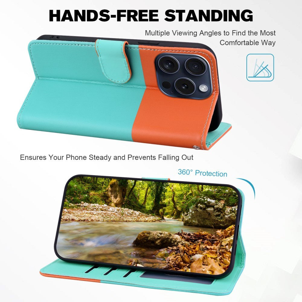 iPhone 15 Pro Flip Case with Strap / Standing function / Card Holder - Orange / Blue (Cats)