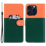 iPhone 15 Pro Flip Case with Strap / Standing function / Card Holder - Orange / Green (Cats)