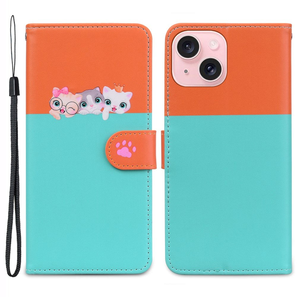 iPhone 15 Flip Case with Strap / Standing function / Card Holder - Orange / Blue (Cats)