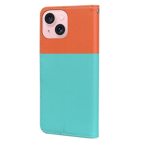 iPhone 15 Flip Case with Strap / Standing function / Card Holder - Orange / Blue (Cats)