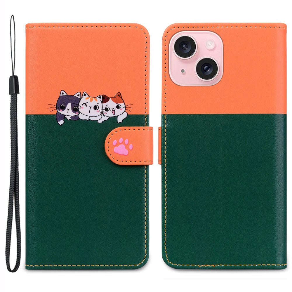 iPhone 15 Flip Case with Strap / Standing function / Card Holder - Orange / Green (Cats)