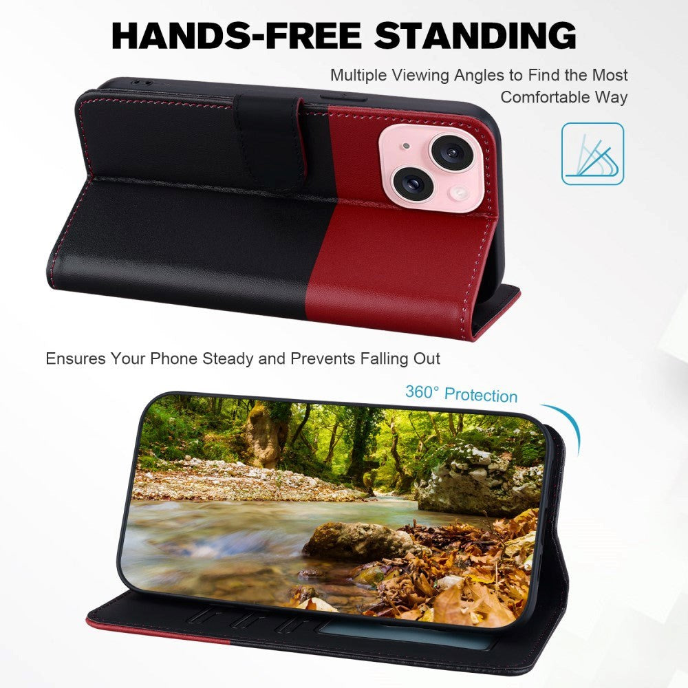 iPhone 15 Flip Case with Strap / Standing function / Card Holder - Red / Black (Dogs)