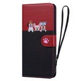 iPhone 15 Flip Case with Strap / Standing function / Card Holder - Red / Black (Dogs)