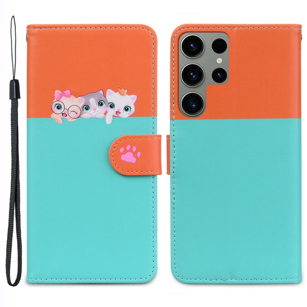 Samsung Galaxy S24 Ultra Flip Case with Strap / Standing function / Card Holder - Orange / Blue (Cats)