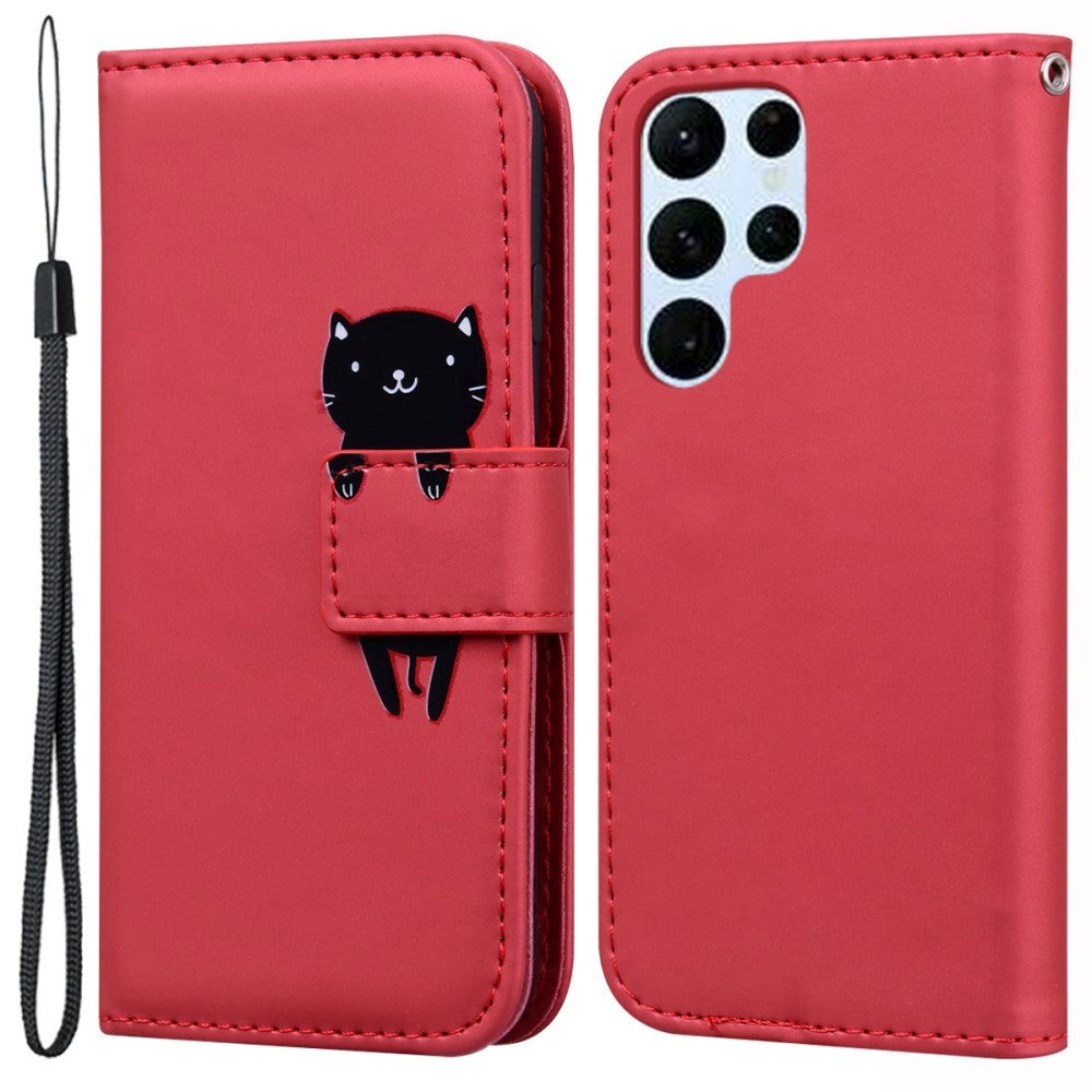 Samsung Galaxy S24 Ultra Flip Case with Strap / Standing function / Card Holder - Red (Cat)