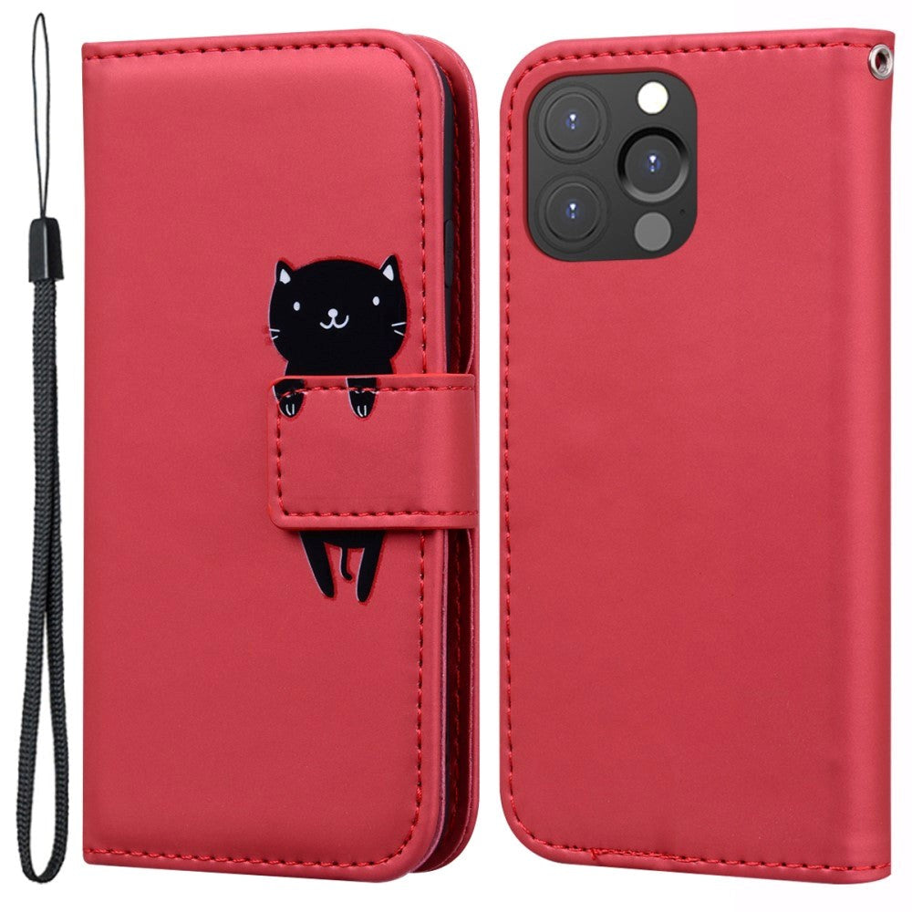 iPhone 13 Pro Flip Case with Strap / Standing function / Card Holder - Red (Cat)