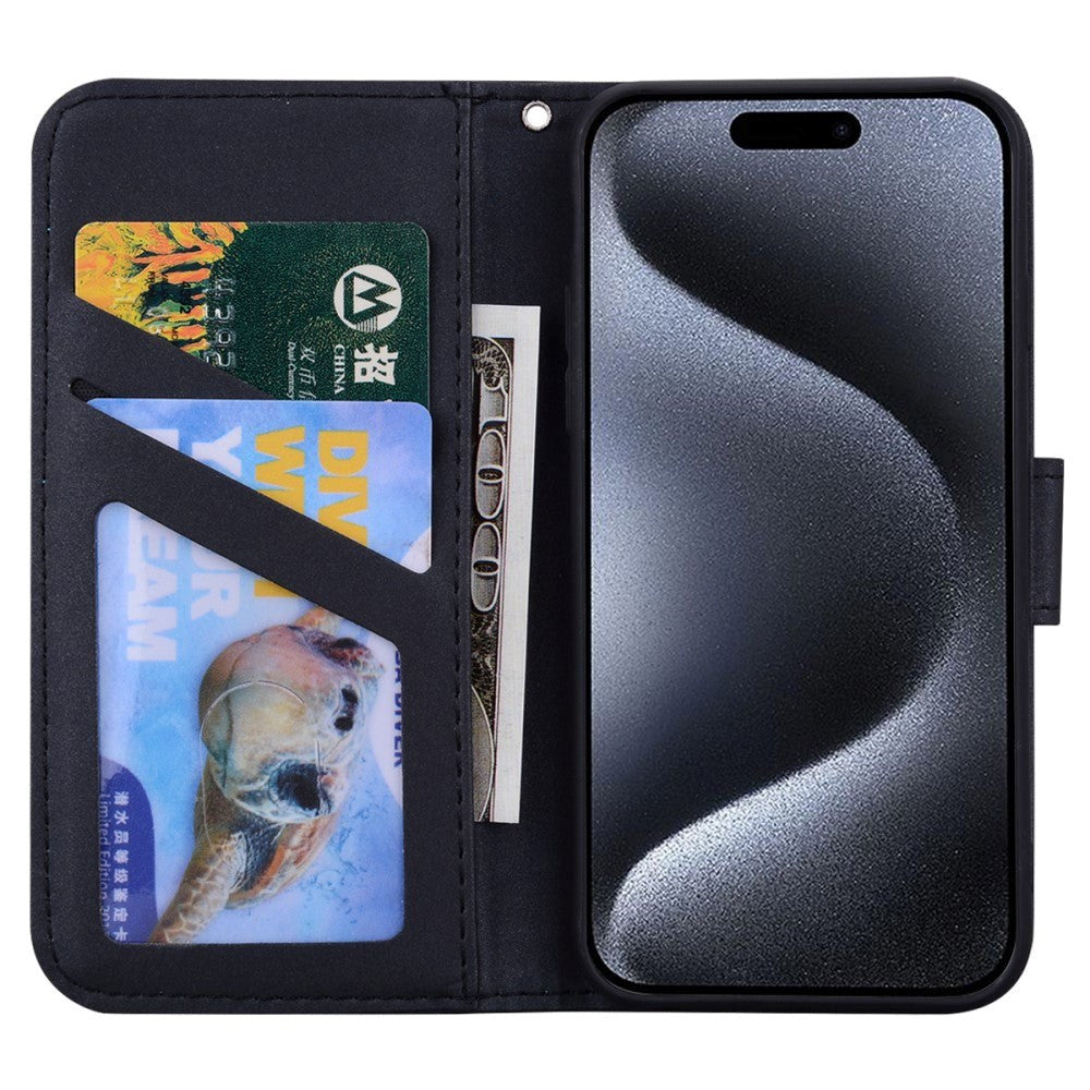 iPhone 15 Pro Flip Case with Strap / Standing function / Card Holder - Black (Panda)