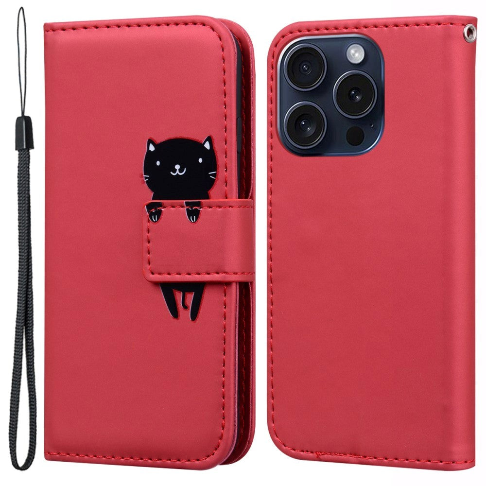 iPhone 15 Pro Flip Case with Strap / Standing function / Card Holder - Red (Cat)