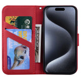 iPhone 15 Pro Flip Case with Strap / Standing function / Card Holder - Red (Cat)