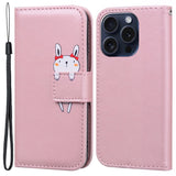 iPhone 15 Pro Flip Case with Strap / Standing function / Card Holder - Pink (Rabbit)