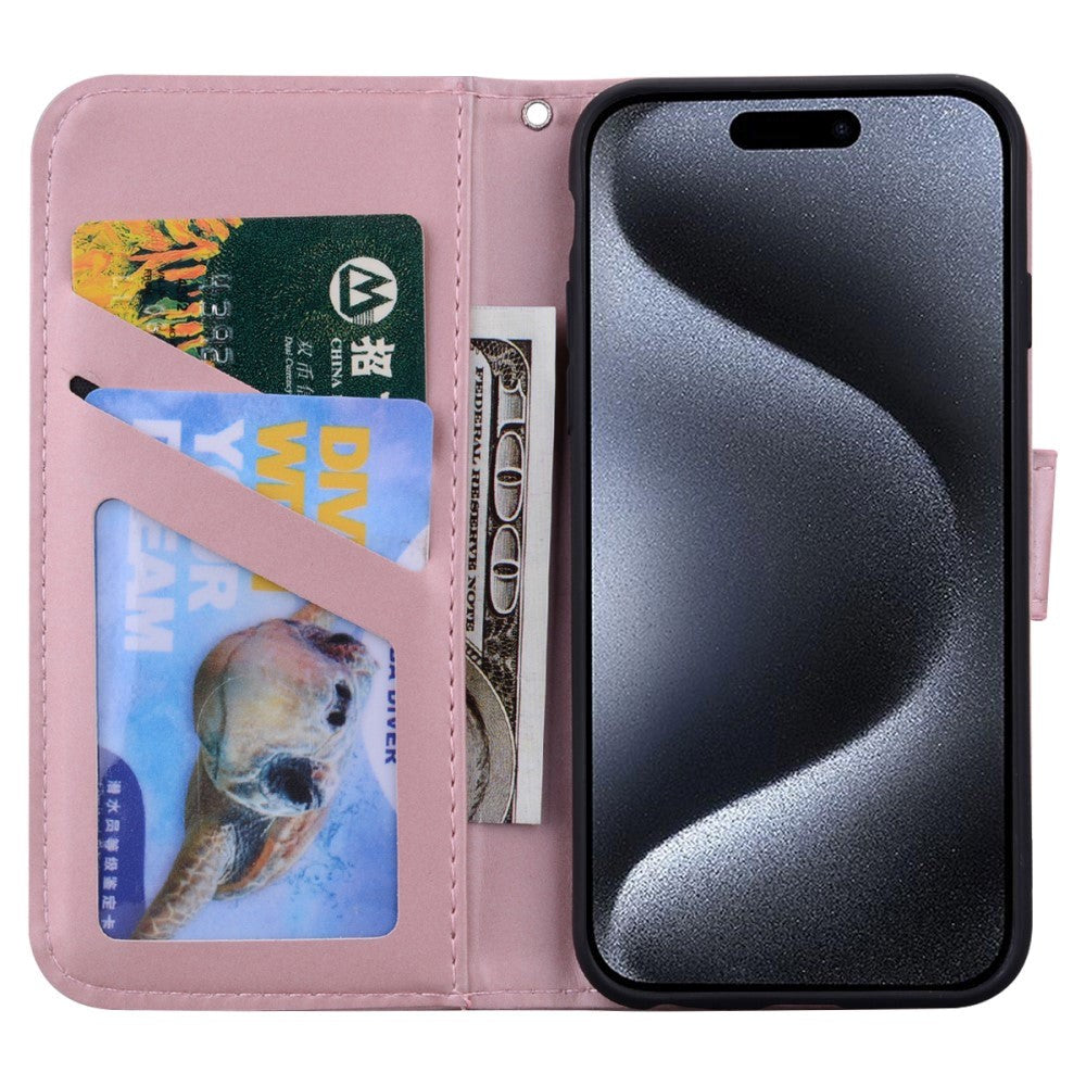 iPhone 15 Pro Flip Case with Strap / Standing function / Card Holder - Pink (Rabbit)