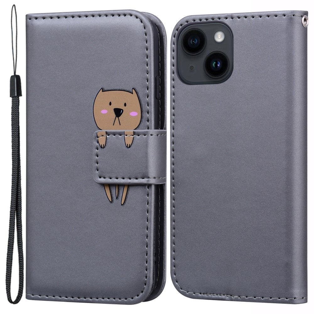 iPhone 14 Flip Case with Strap / Standing function / Card Holder - Gray (Dog)