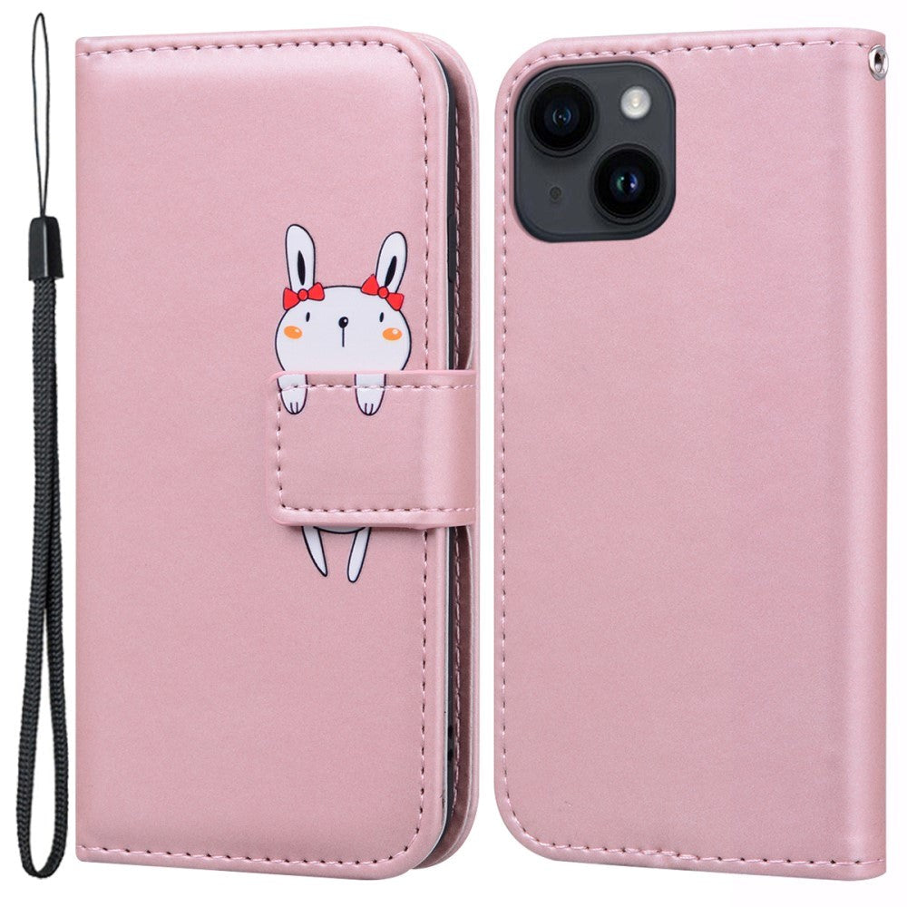 iPhone 14 Flip Case with Strap / Standing function / Card Holder - Pink (Rabbit)