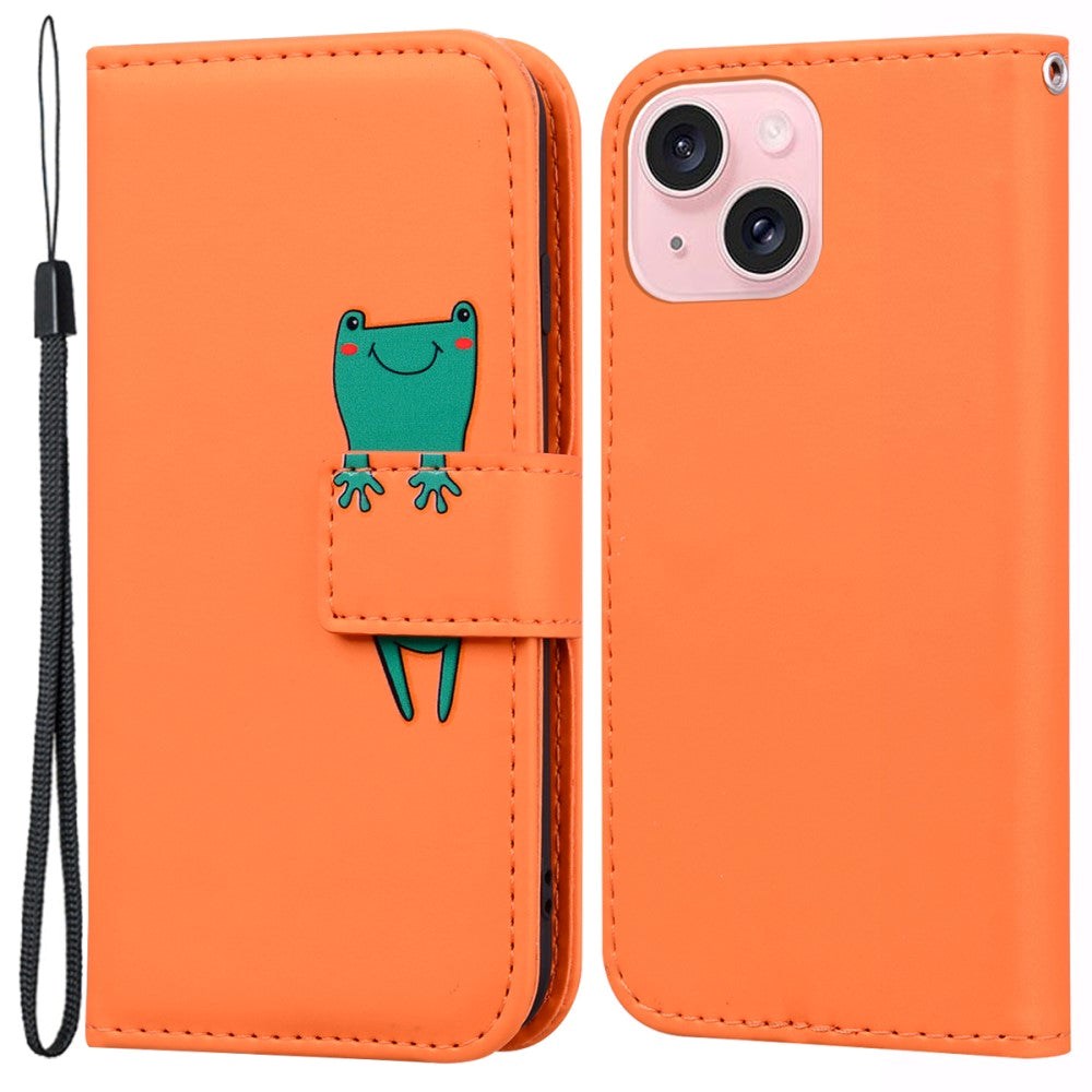 iPhone 15 Flip Case with Strap / Standing function / Card Holder - Orange (Frog)