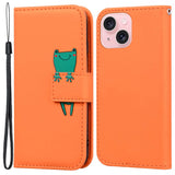 iPhone 15 Flip Case with Strap / Standing function / Card Holder - Orange (Frog)