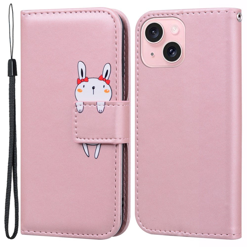 iPhone 15 Flip Case with Strap / Standing function / Card Holder - Pink (Rabbit)