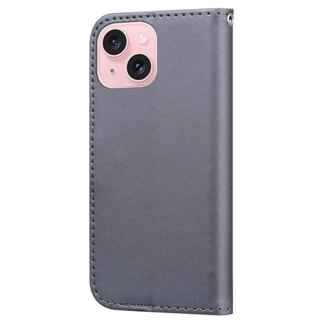 iPhone 15 Flip Case with Strap / Standing function / Card Holder - Gray (Dog)