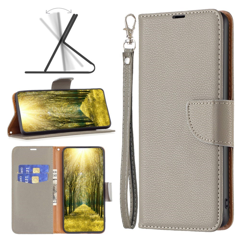 EIDERWOOD Xiaomi Redmi Note 13 (5G) PU Litchi Leather Wallet Case with Strap - Grey