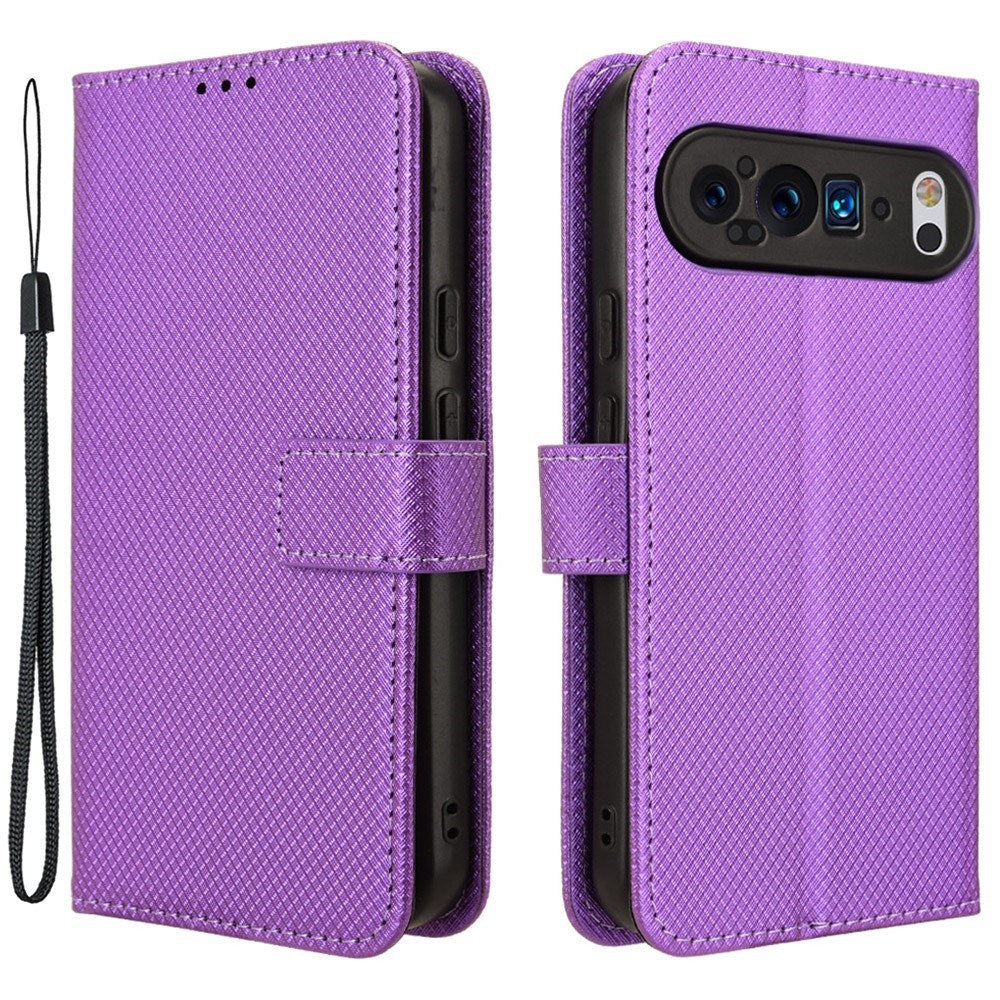 EIDERWOOD Google Pixel 9 Pro Leather Flip Case w. Strap & Texture - Purple