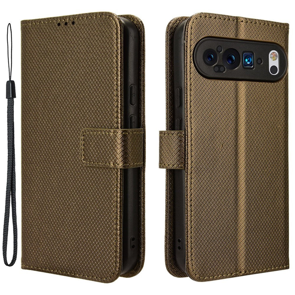 EIDERWOOD Google Pixel 9 Pro Leather Flip Case w. Strap & Texture - Brown