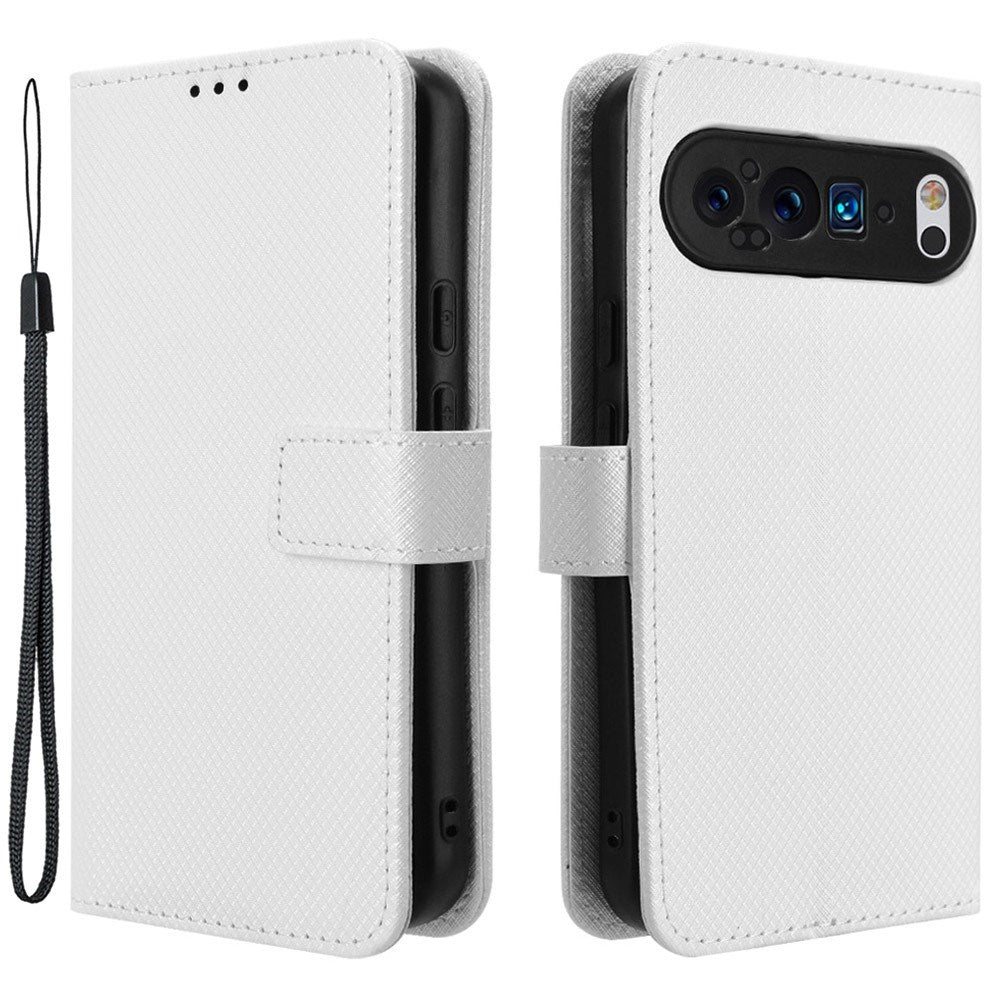 EIDERWOOD Google Pixel 9 Pro Leather Flip Case w. Strap & Texture - White