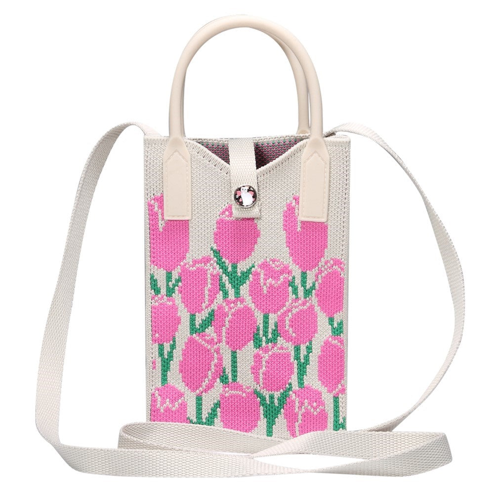 Knitted Crossbody Shoulder Bag with Hand Strap (180 x 120 mm) - Pink Flowers