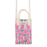 Knitted Crossbody Shoulder Bag with Hand Strap (180 x 120 mm) - Pink Flowers