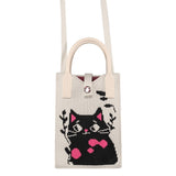 Knitted Crossbody Shoulder Bag with Hand Strap (180 x 120 mm) - Black Cat