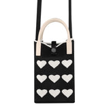 Knitted Crossbody Shoulder Bag with Hand Strap (180 x 120 mm) - Black / Hearts