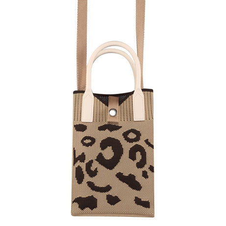 Knitted Crossbody Shoulder Bag with Hand Strap (180 x 120 mm) - Brown / Leopard