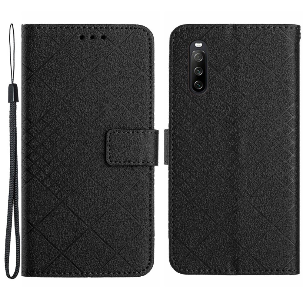 EIDERWOOD Sony Xperia 10 VI Leather Flip Case w. Wallet & Strap - Rhombus Engraving - Black