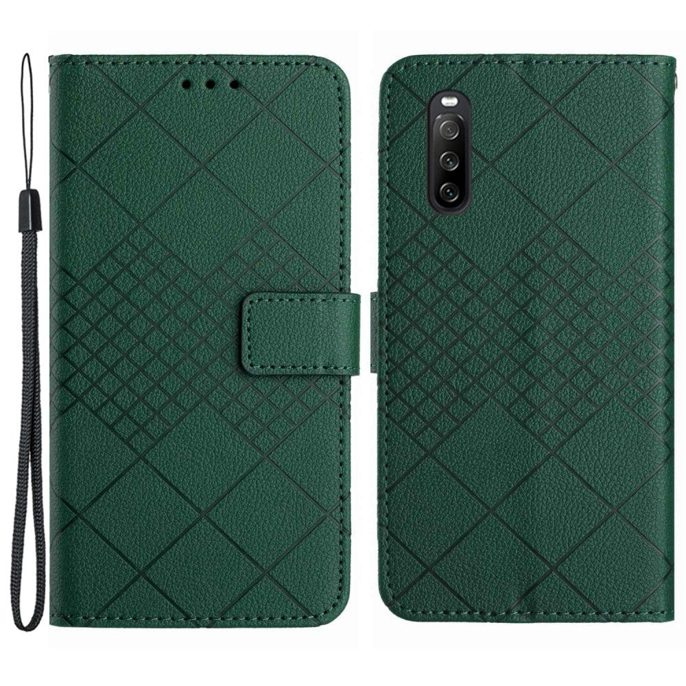 EIDERWOOD Sony Xperia 10 VI Leather Flip Case w. Wallet & Strap - Rhombus Engraving - Green