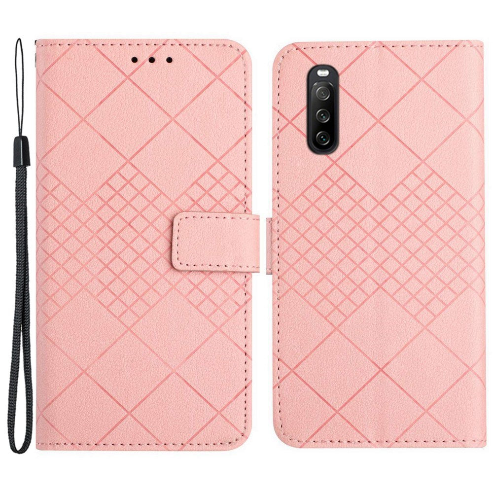 EIDERWOOD Sony Xperia 10 VI Leather Flip Case w. Wallet & Strap - Rhombus Engraving - Pink